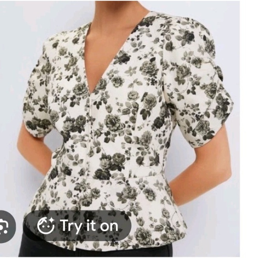 Tuckernuck Faded Roses Lisle Peplum Blouse Women Black and Creamy White Size S